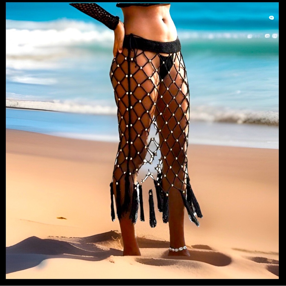 Cover-up Bathing Suit Bikini Swimwear Elastic Waist W/Tan Beads Tassels Pants